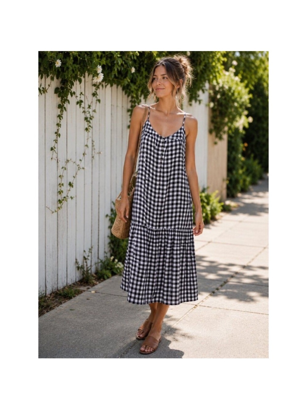 Lucky Brand Black and White Gingham Tie-Strap Midi Dress